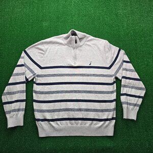 Nautica Sweatshirt Mens 2XL Gray Striped 1/4 Zip Long Sleeve Pullover NavTech
